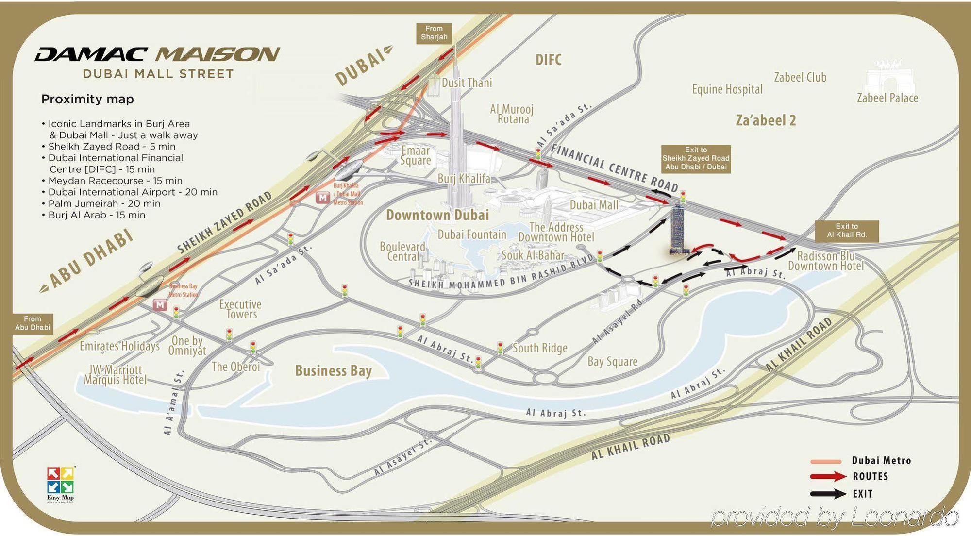 DAMAC Maison Dubai Mall Street Exterior foto The image shows a map of an urban area in Dubai, specifically illustrating various locations and roads. Key features include:

- **Major Roads**: The map highlights several significant roads, such as Financial Center Road and Sheikh Zayed Road, indic
